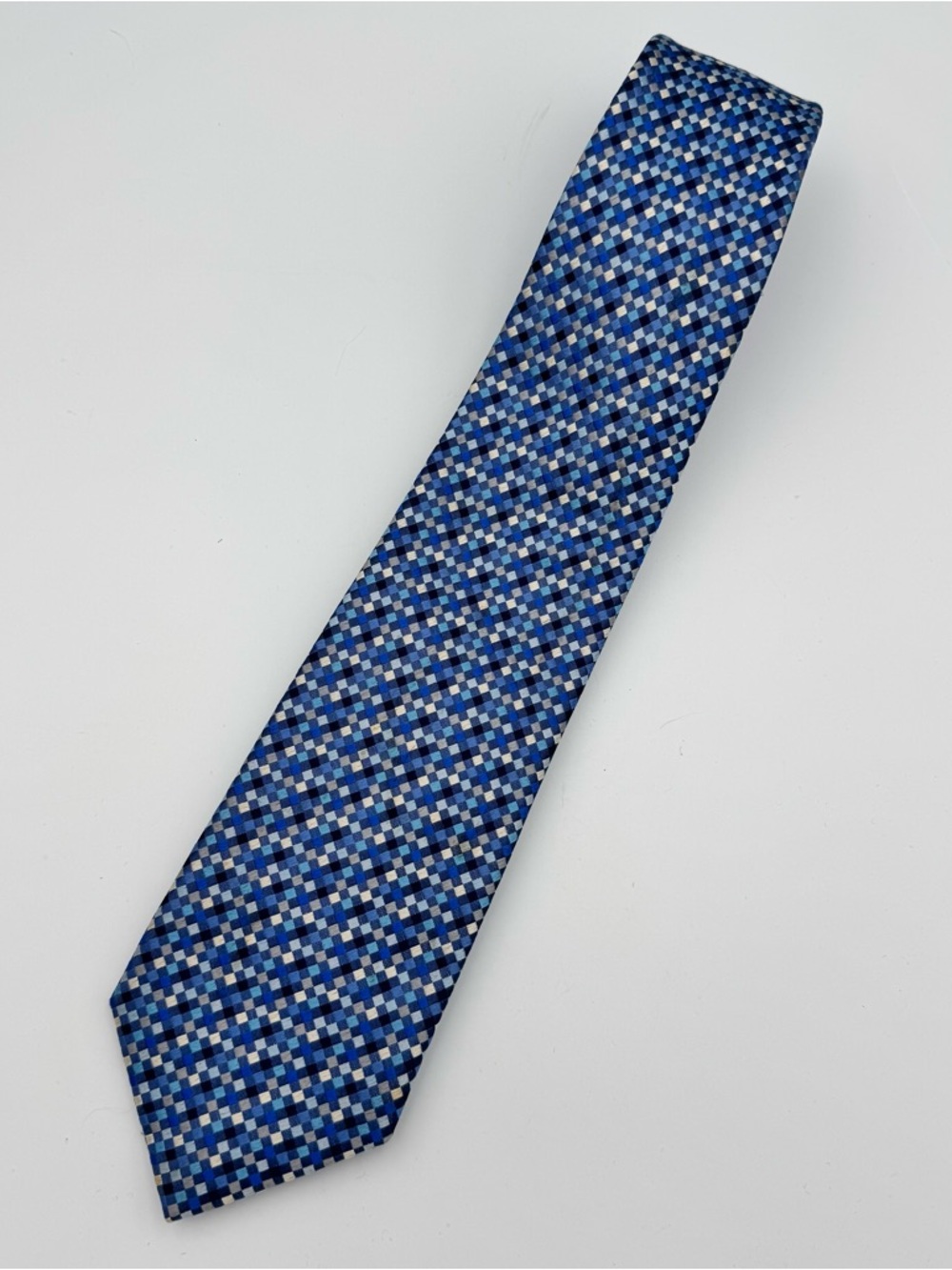 Charles Tyrwhitt Designer 100% Silk Tie Blue Grey White Checkered Mens Necktie